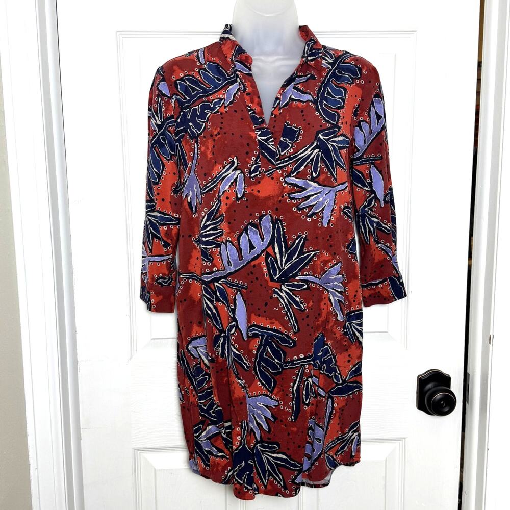 NIC+ZOE Tropical Leaf Shift Dress Split Neck 3/4 Sleeve Travel XS